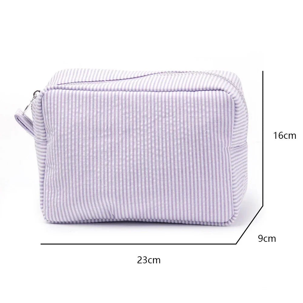 Seersucker Ruffle Cosmetic Pouch - Portable Makeup Bag