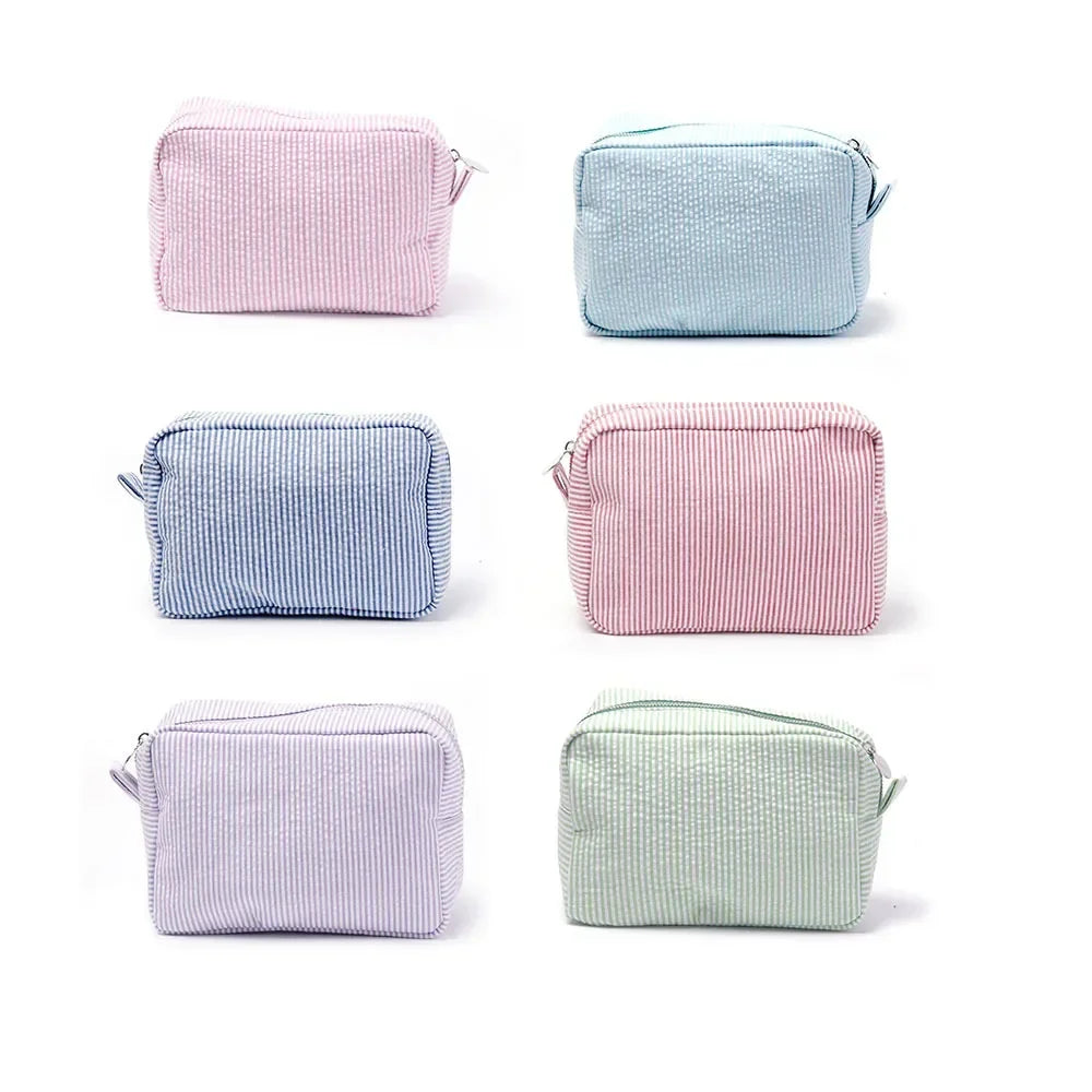 Seersucker Ruffle Cosmetic Pouch - Portable Makeup Bag